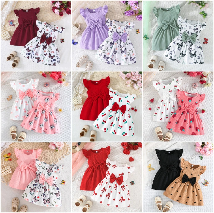 Cute Baby Girls 2-in-1 Dress Pack - Summer Ribbed Bow Dress + Floral/Print Ruffle Sleeve Dresses, Kids Party & Daily Wear