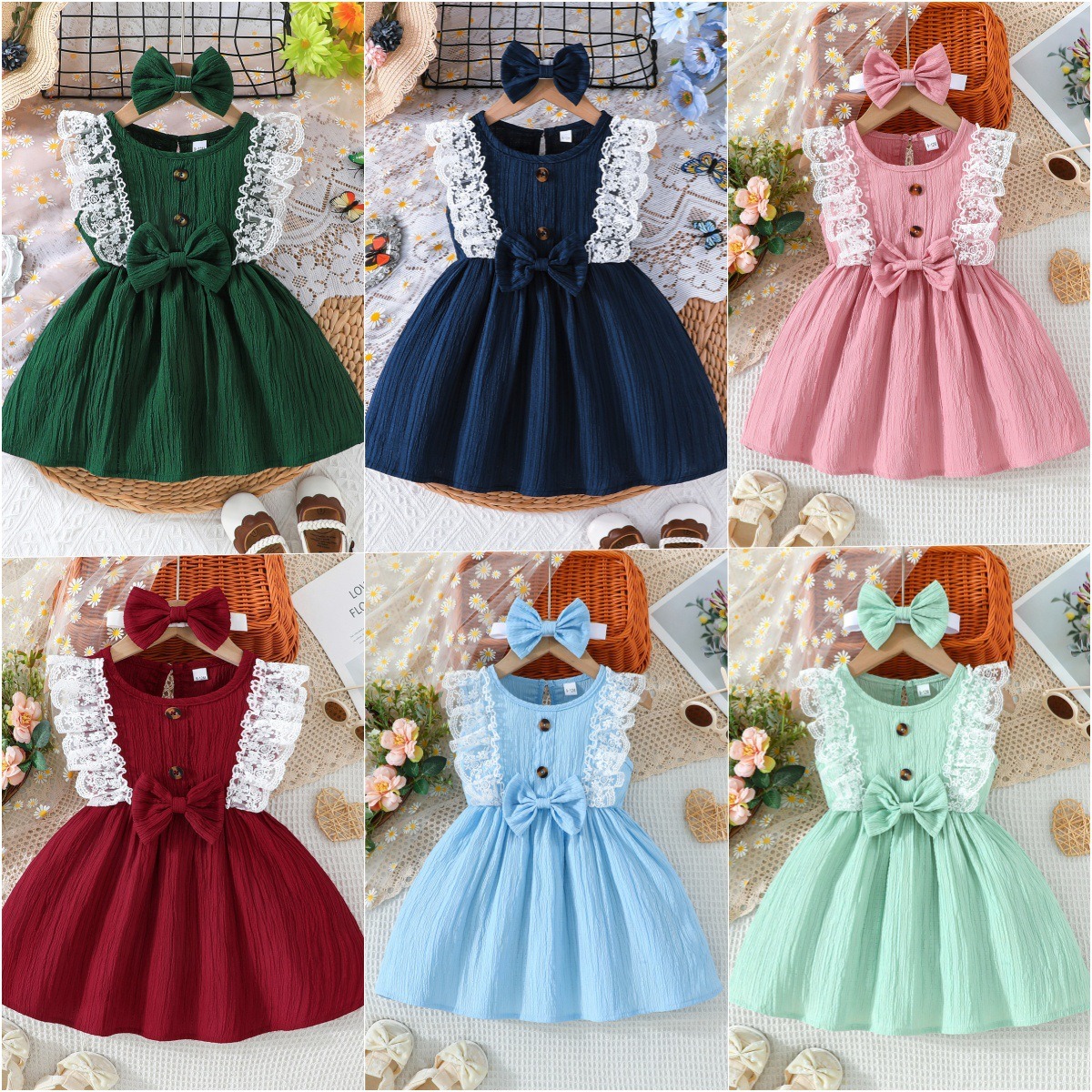 Baby Girl Summer Dress + Bow Headband Set, Round Neck Sleeveless Solid Color Lace Trim Kids Princess Dress, Casual Party Outfit for Toddler Girls
