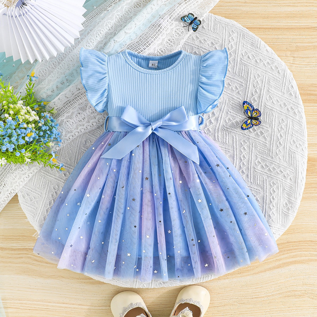 Baby Girl Summer Princess Dress with Star Sequins Tulle Skirt, Round Neck Ruffle Sleeve Elegant Party Dress with Satin Belt, Kids Casual/ Birthday/ Wedding