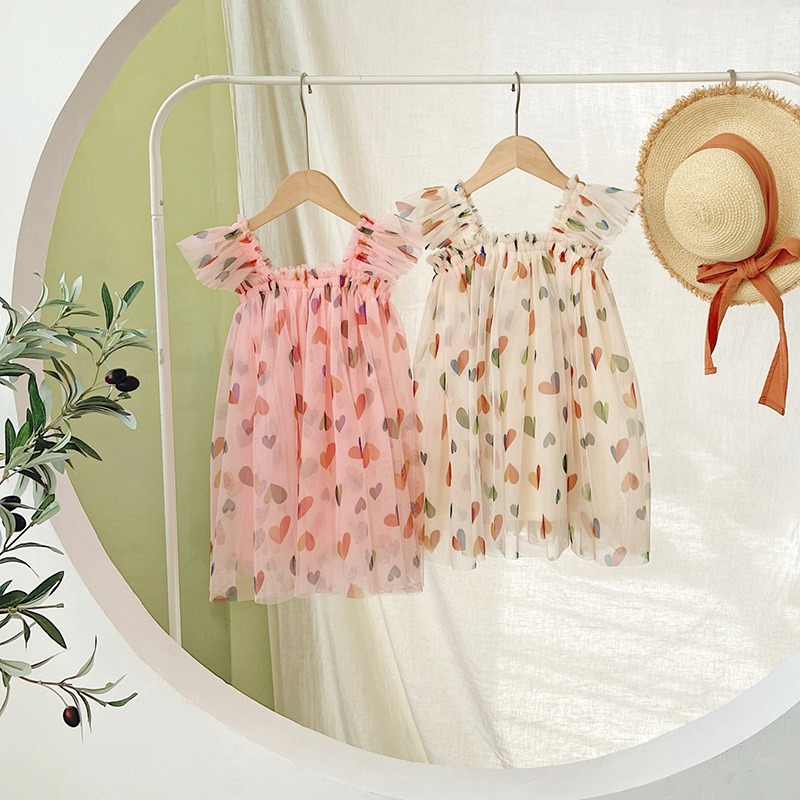 Girls Heart Print Princess Dress Summer Mesh Tutu Dress for Baby Girls Sleeveless Puffy Party Dress Casual Outfit