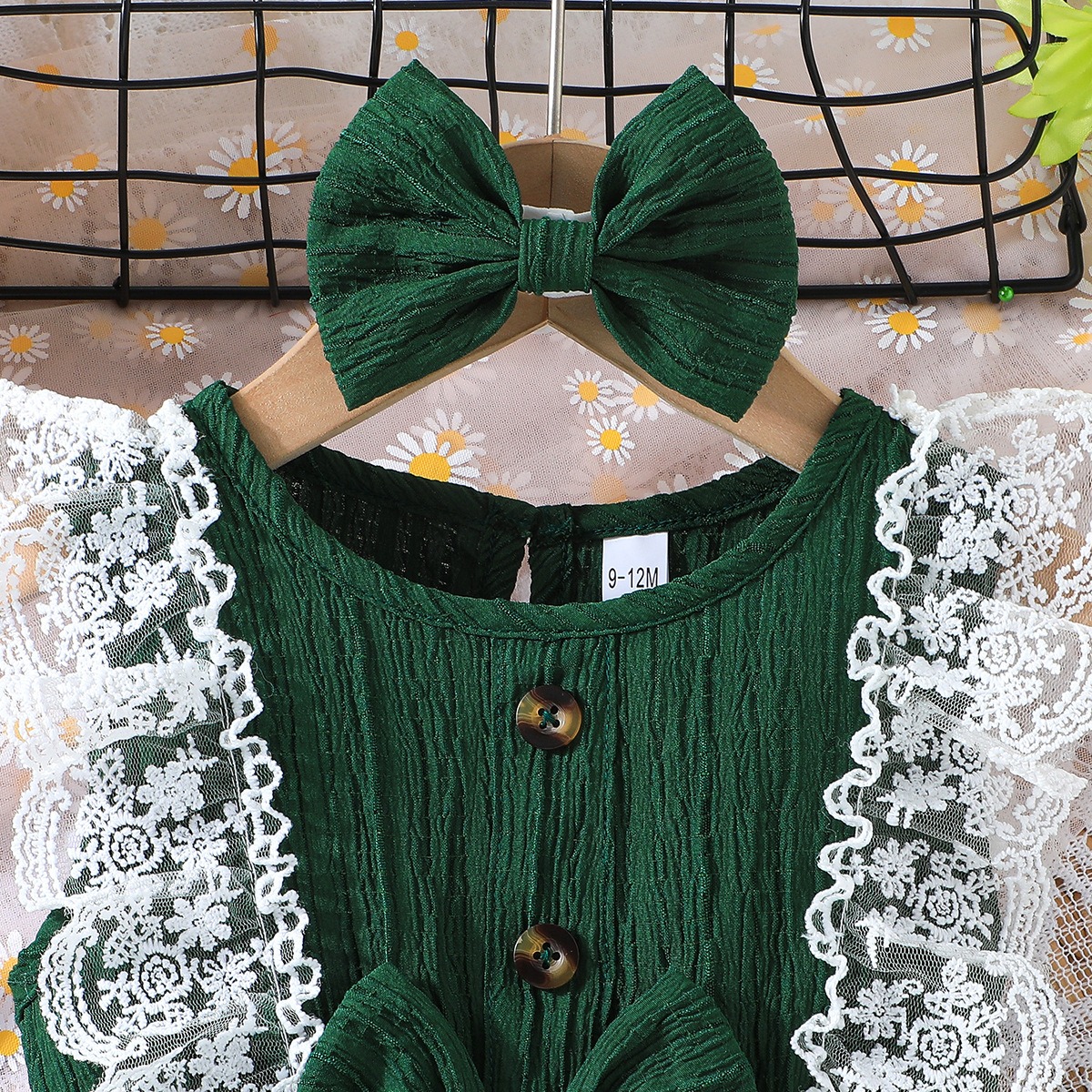 Baby Girl Summer Dress + Bow Headband Set, Round Neck Sleeveless Solid Color Lace Trim Kids Princess Dress, Casual Party Outfit for Toddler Girls