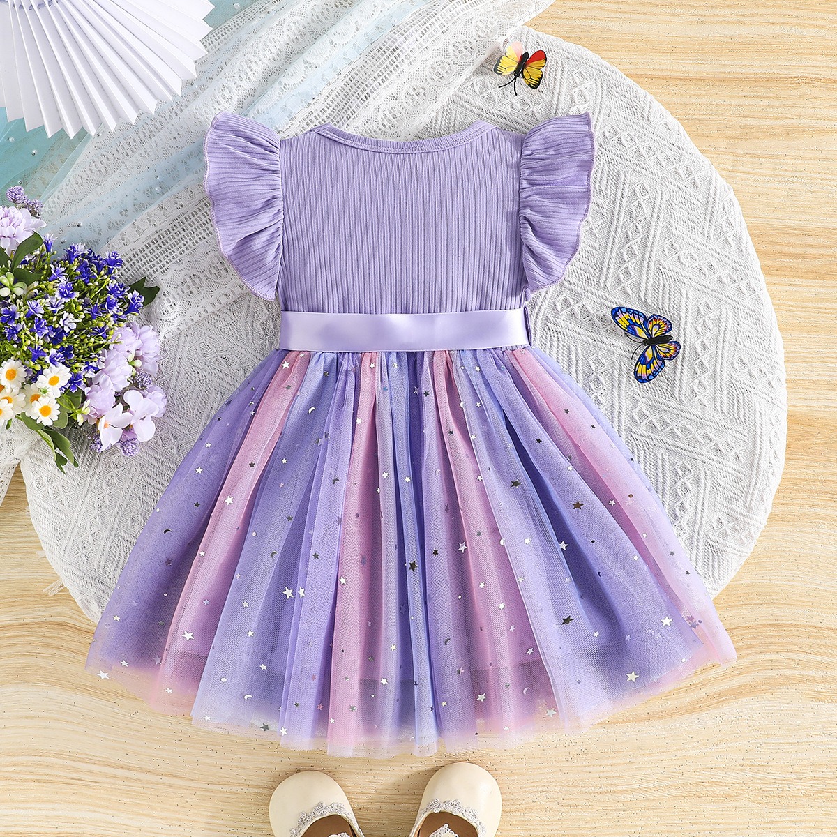 Baby Girl Summer Princess Dress with Star Sequins Tulle Skirt, Round Neck Ruffle Sleeve Elegant Party Dress with Satin Belt, Kids Casual/ Birthday/ Wedding
