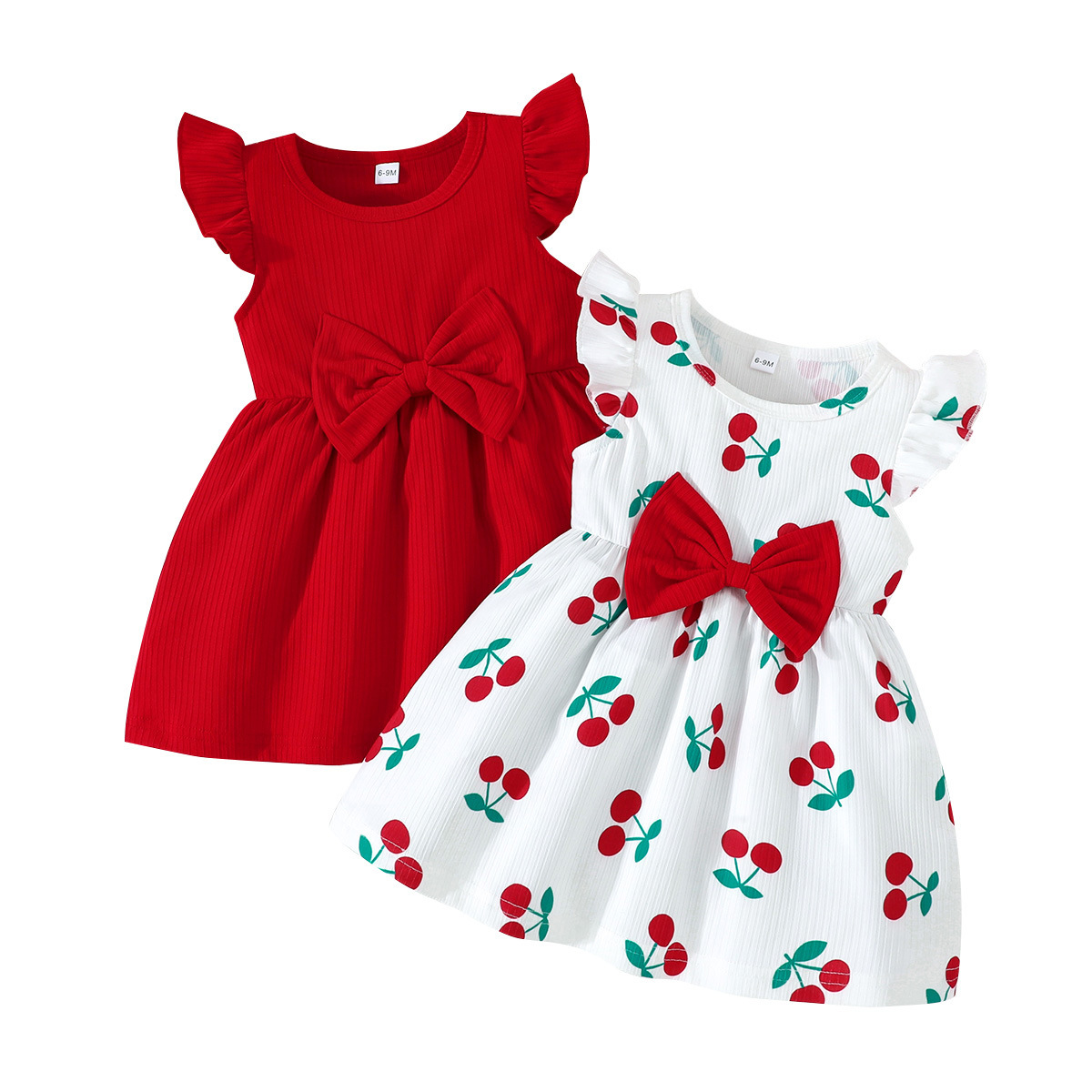 Cute Baby Girls 2-in-1 Dress Pack - Summer Ribbed Bow Dress + Floral/Print Ruffle Sleeve Dresses, Kids Party & Daily Wear