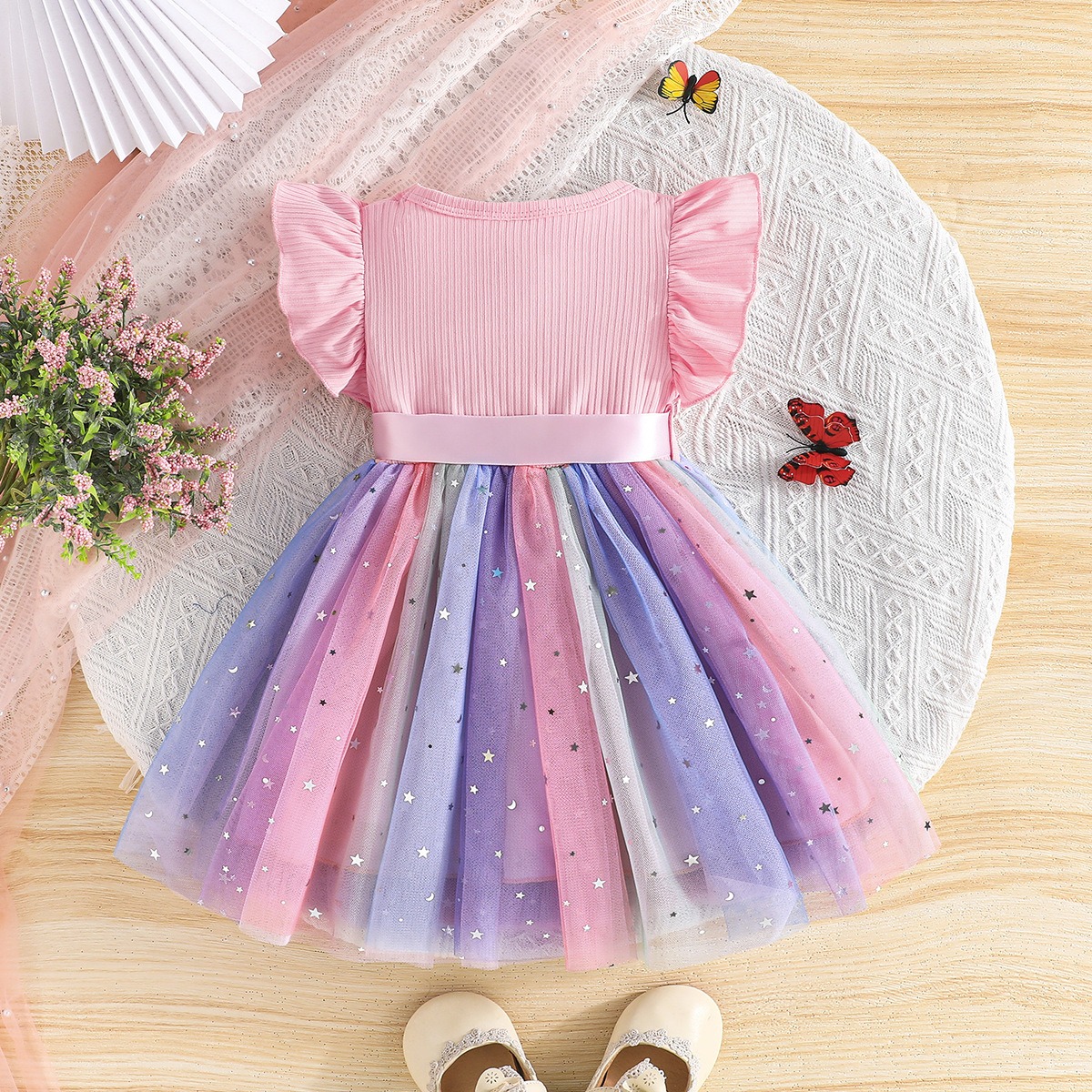 Baby Girl Summer Princess Dress with Star Sequins Tulle Skirt, Round Neck Ruffle Sleeve Elegant Party Dress with Satin Belt, Kids Casual/ Birthday/ Wedding