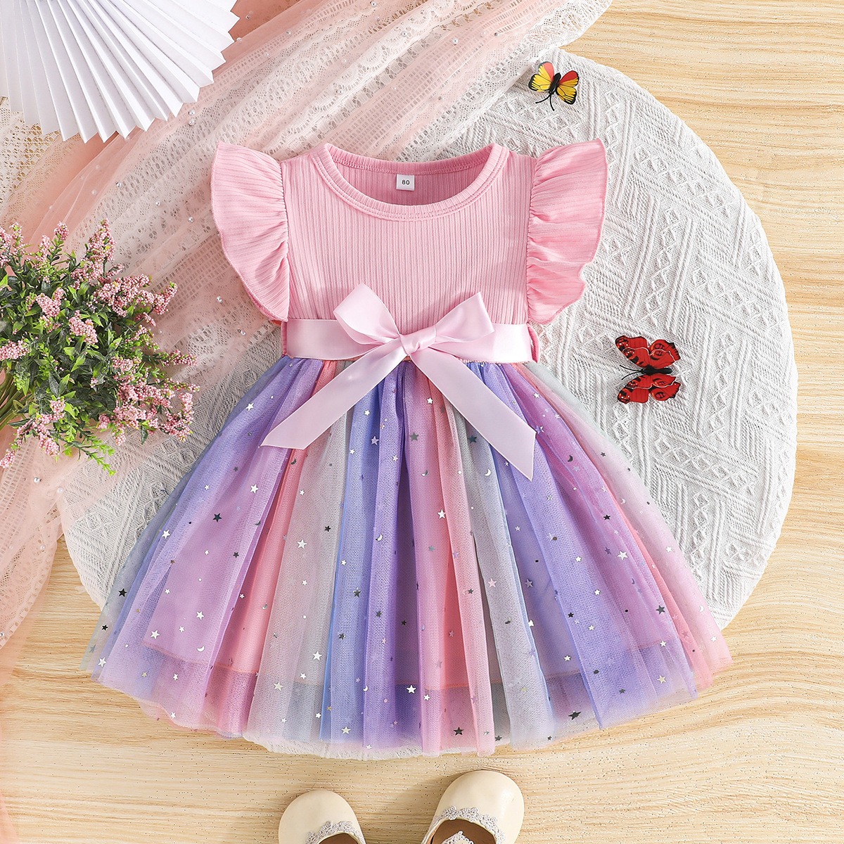 Baby Girl Summer Princess Dress with Star Sequins Tulle Skirt, Round Neck Ruffle Sleeve Elegant Party Dress with Satin Belt, Kids Casual/ Birthday/ Wedding