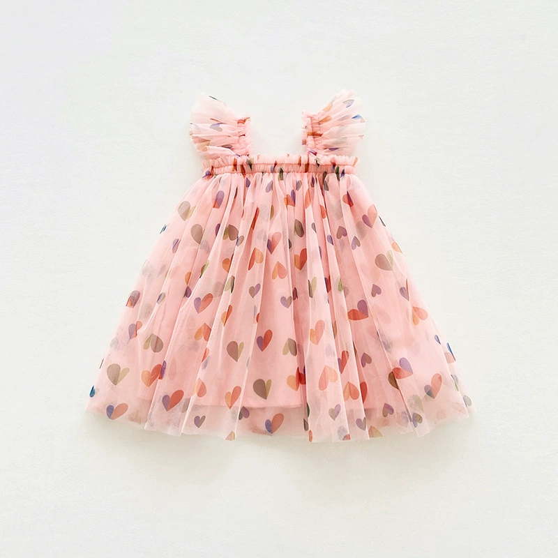 Girls Heart Print Princess Dress Summer Mesh Tutu Dress for Baby Girls Sleeveless Puffy Party Dress Casual Outfit