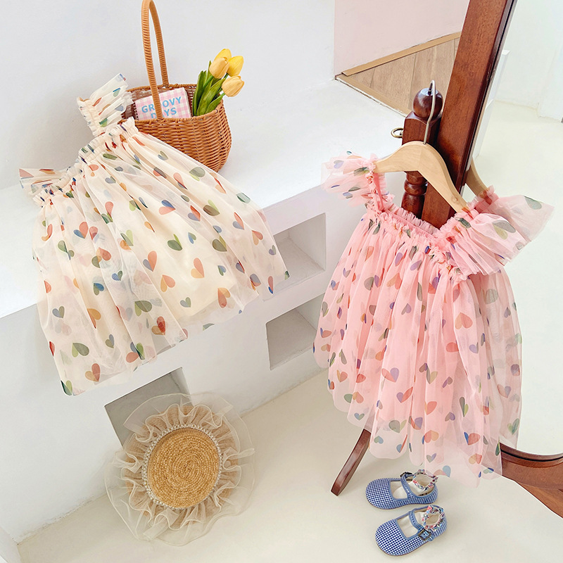 Girls Heart Print Princess Dress Summer Mesh Tutu Dress for Baby Girls Sleeveless Puffy Party Dress Casual Outfit