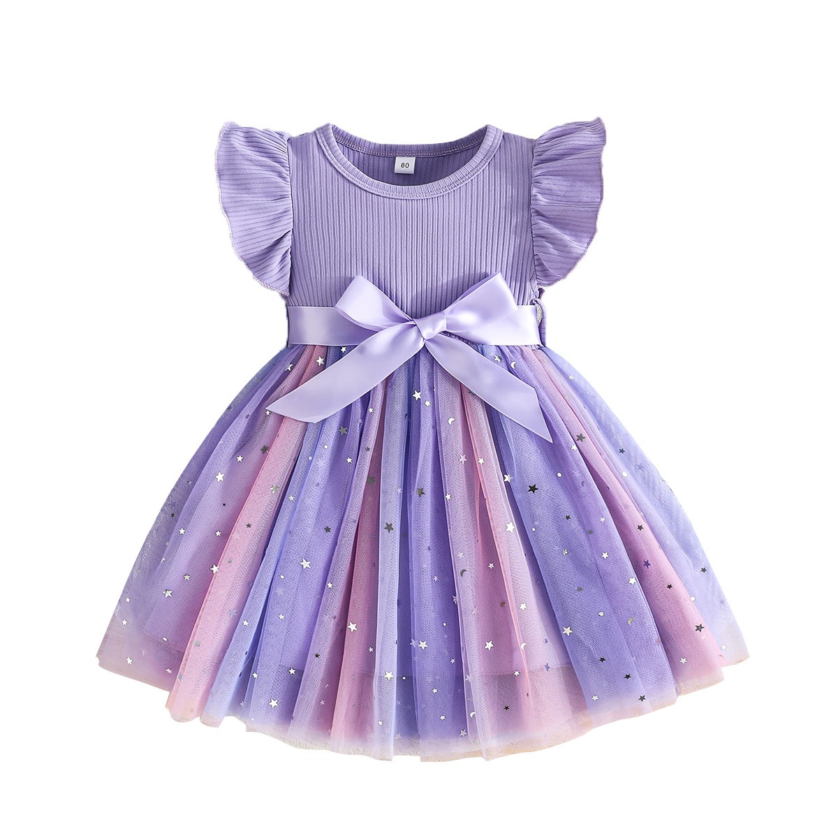 Baby Girl Summer Princess Dress with Star Sequins Tulle Skirt, Round Neck Ruffle Sleeve Elegant Party Dress with Satin Belt, Kids Casual/ Birthday/ Wedding