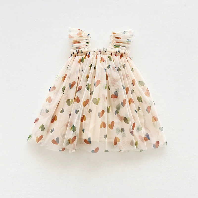 Girls Heart Print Princess Dress Summer Mesh Tutu Dress for Baby Girls Sleeveless Puffy Party Dress Casual Outfit
