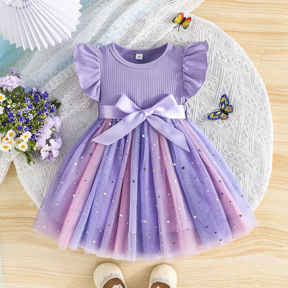 Baby Girl Summer Princess Dress with Star Sequins Tulle Skirt, Round Neck Ruffle Sleeve Elegant Party Dress with Satin Belt, Kids Casual/ Birthday/ Wedding