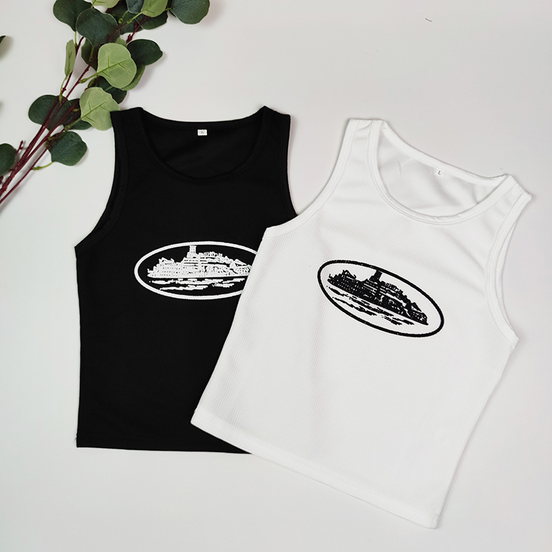 European and American style spicy girl anti glare threaded camisole vest for women, women's inner top, ins trendy printed sports vest black S