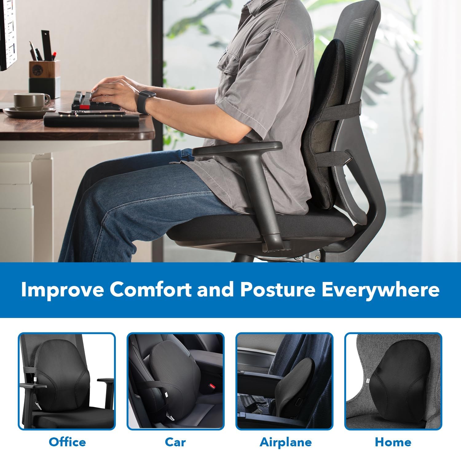 Cozy Orthopedic Back Rest Seat Cushion Ergonomic Memory Foam Lumbar Support for Back Pain Relief Office Chair and Car