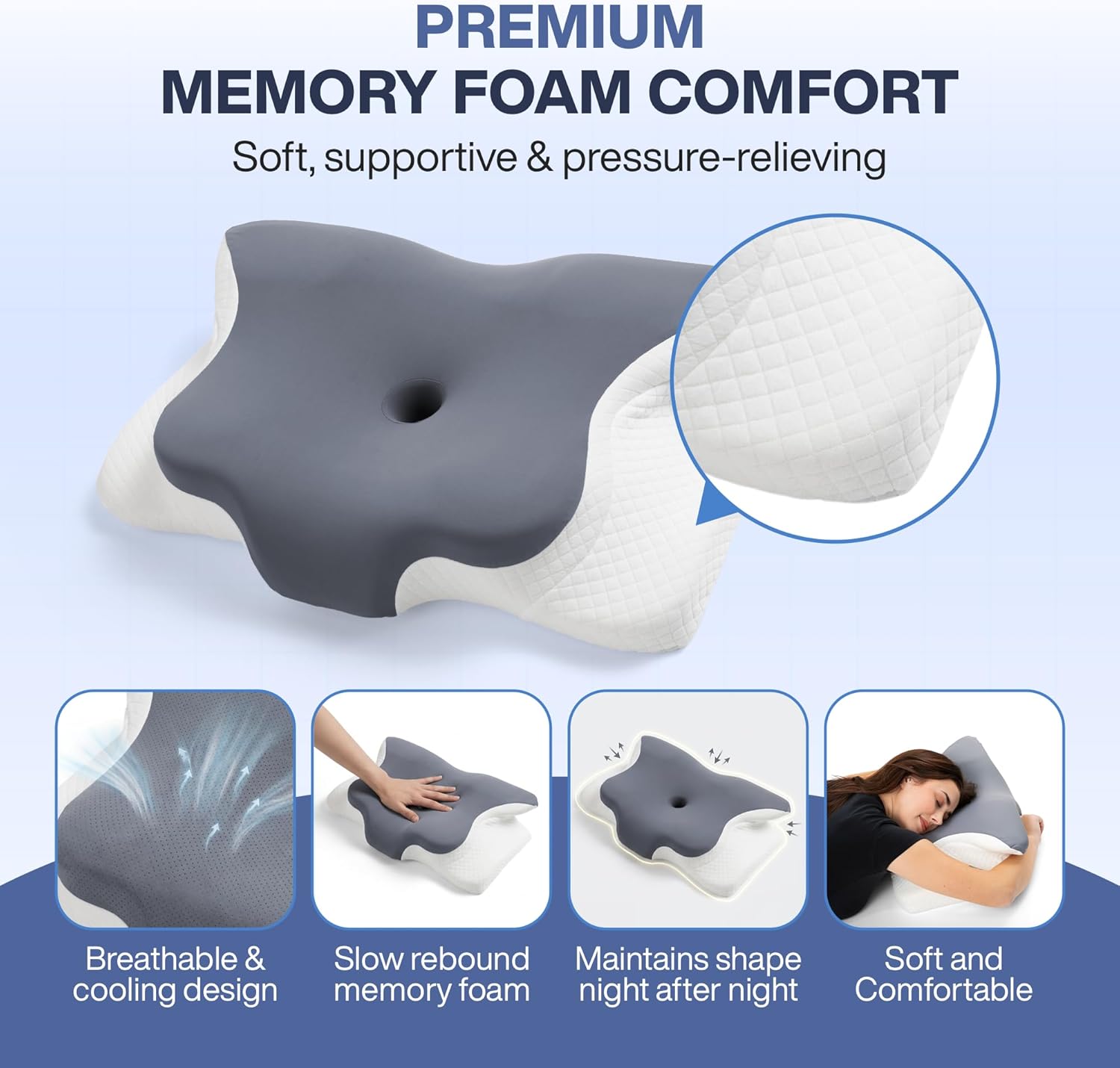 Butterfly Cervical Pillow Memory Foam Neck Support Pillow Orthopedic Contour Pillow for Neck Pain Relief and Better Sleep