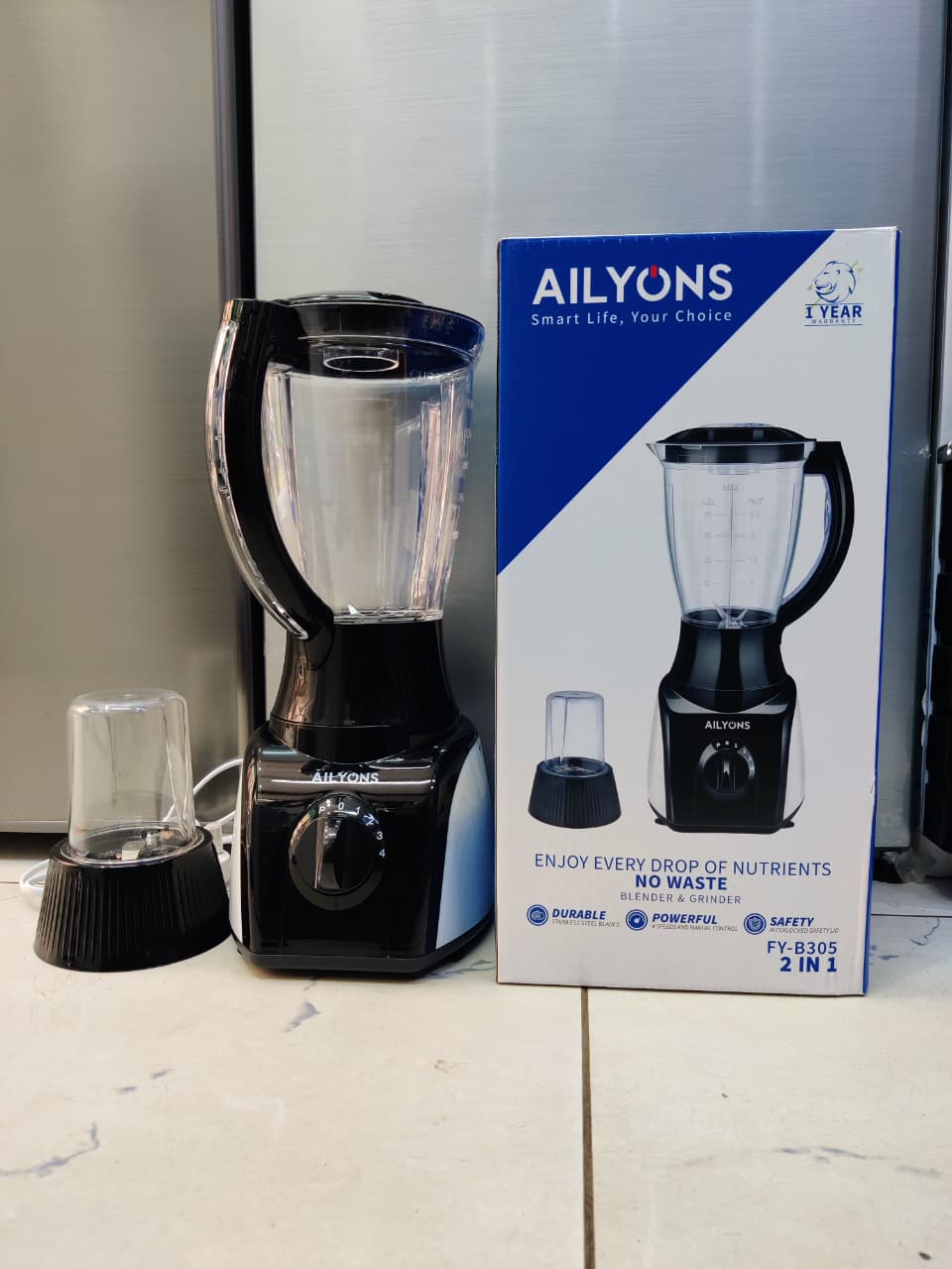 AILYONS FY-B305 2-in-1 Electric Blender & Grinder - 1.5L High Speed - 4 Speeds - Stainless Steel Blades