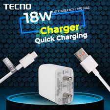 Tecno 18W Fast Charger Type-C Original Adapter with USB Cable, Super Fast Charging Wall Charger for Tecno, Infinix, itel, Android Smartphones and USB Devices