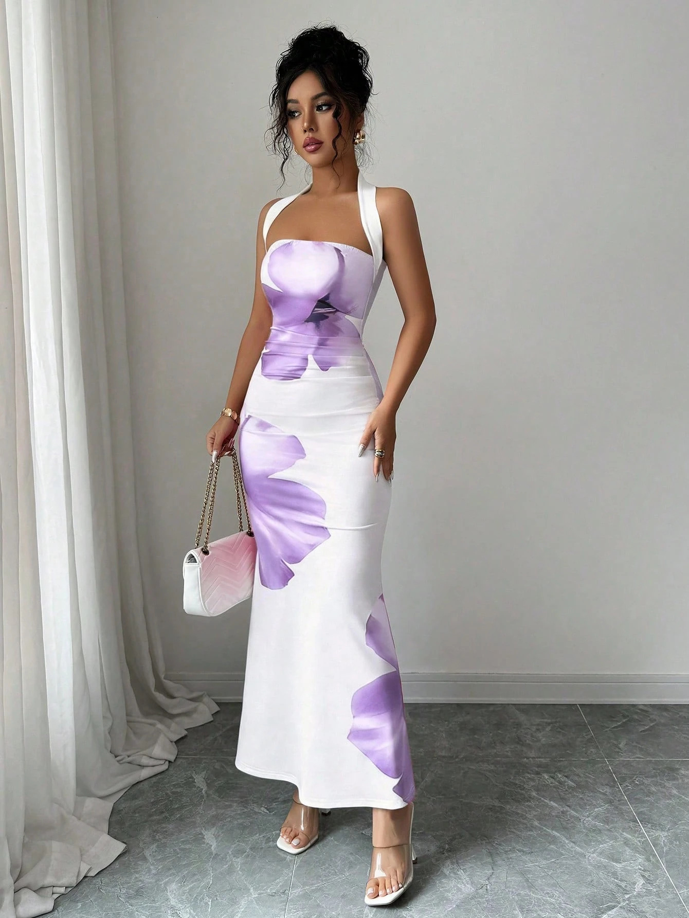 Elegant temperament print sleeveless hanging neck, tube top and waist pocket hip long dress in summer is suitable for daily leisure commuting party dinner.