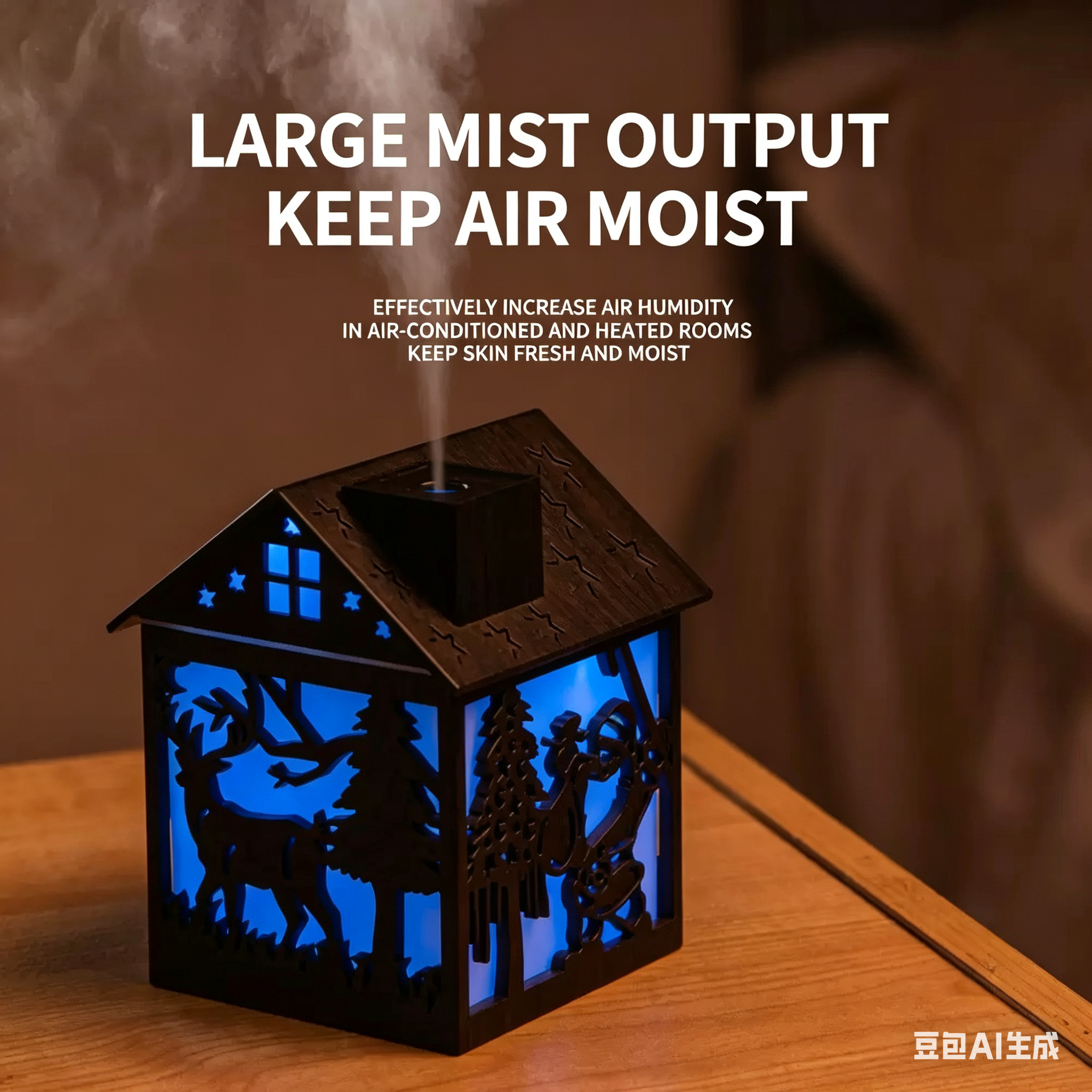 New Chinese-style wooden house humidifier with colorful changing lights. Suitable for home use, dormitory, bedside table. A large mist spray for refreshing and moisturizing the skin.