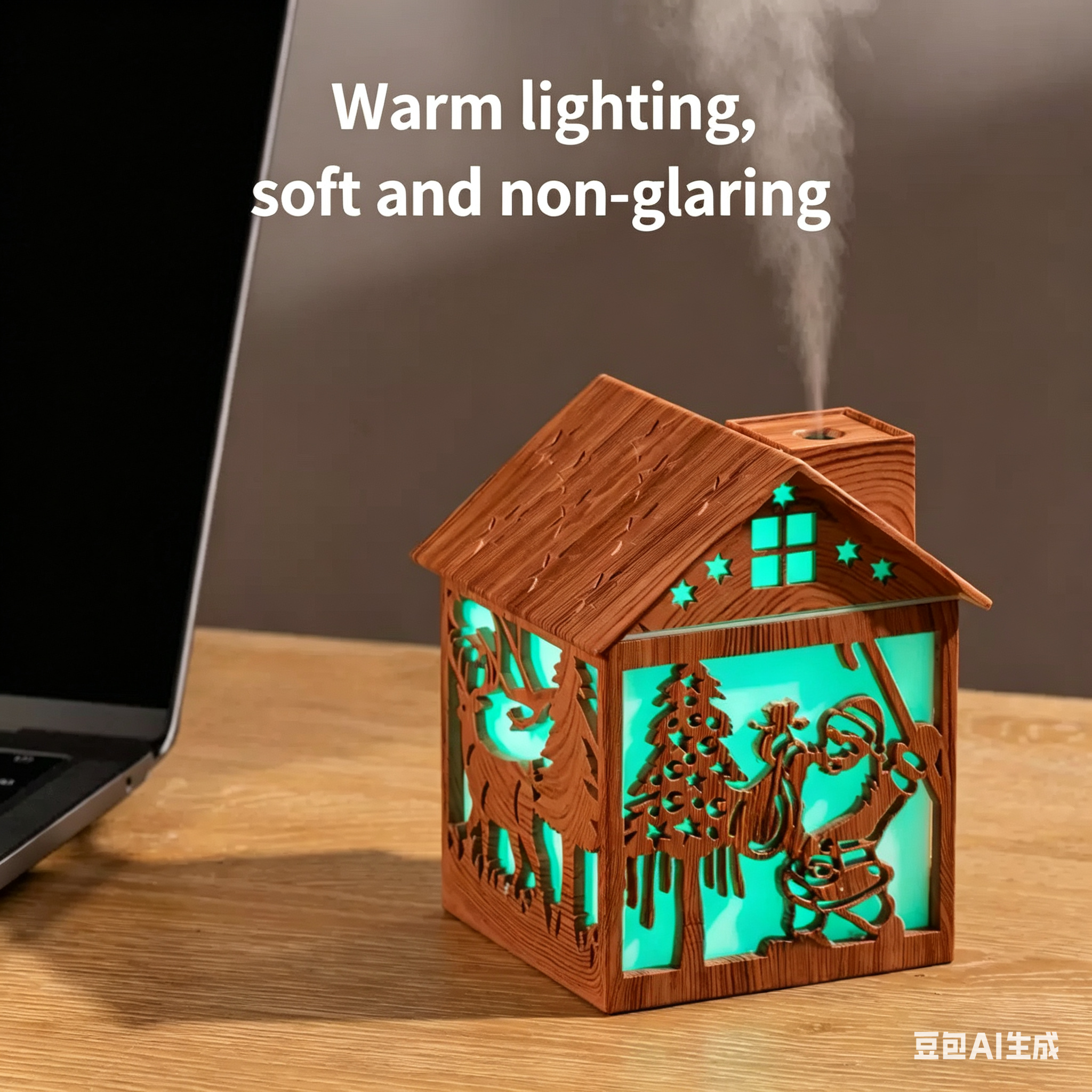 New Chinese-style wooden house humidifier with colorful changing lights. Suitable for home use, dormitory, bedside table. A large mist spray for refreshing and moisturizing the skin.
