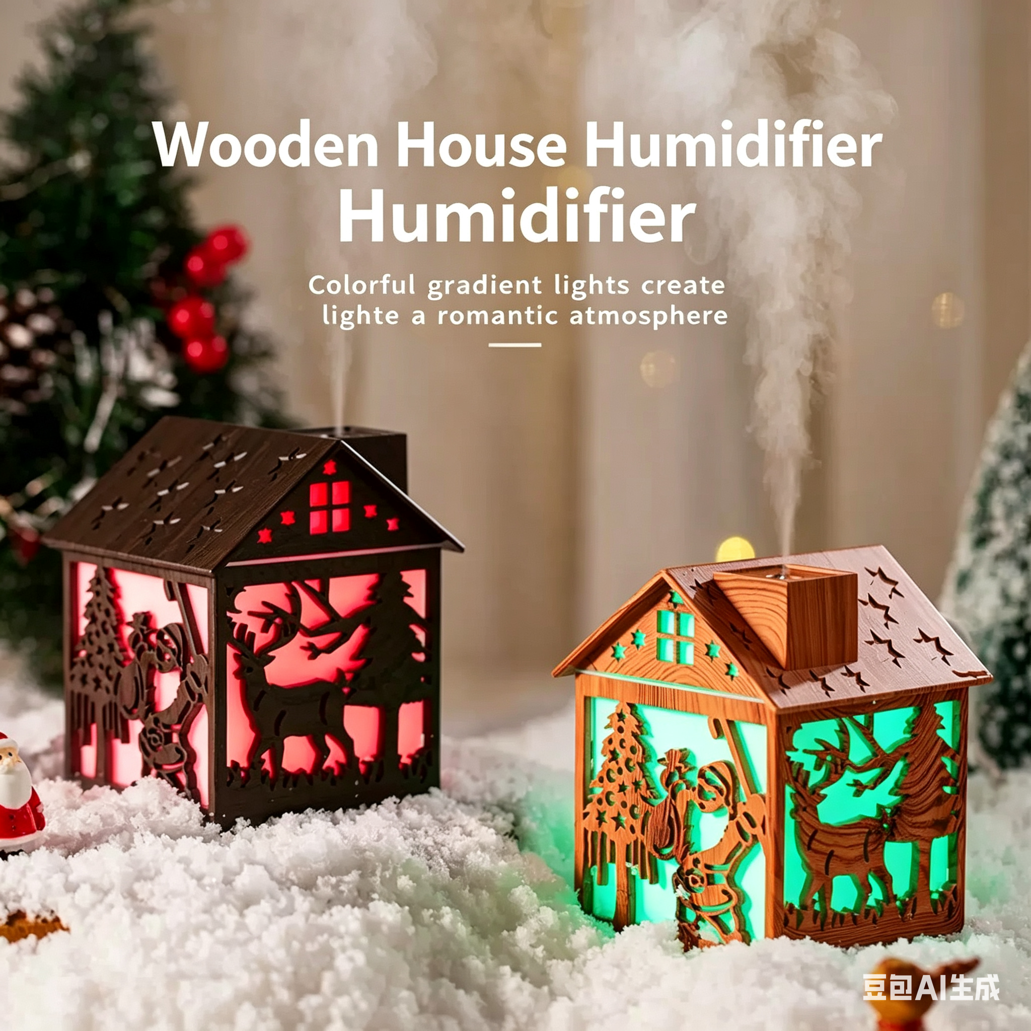 New Chinese-style wooden house humidifier with colorful changing lights. Suitable for home use, dormitory, bedside table. A large mist spray for refreshing and moisturizing the skin.