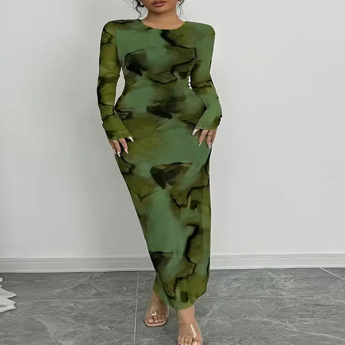 Women's Bodycon Maxi Dress Fall Spring Fashion Long Sleeve Floral Print Tight Fitted Party Club Dresses