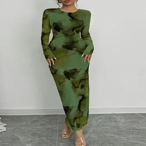 Women's Bodycon Maxi Dress Fall Spring Fashion Long Sleeve Floral Print Tight Fitted Party Club Dresses
