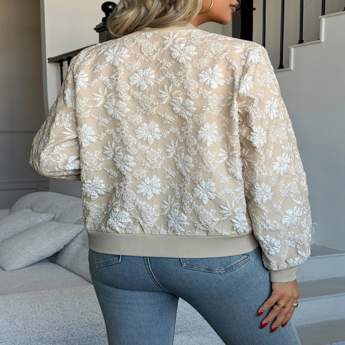 Women's Floral Jacquard Jacket Holiday Casual Fashion Long Sleeve Crewneck Spring Fall Bomber Jackets Lightweight
