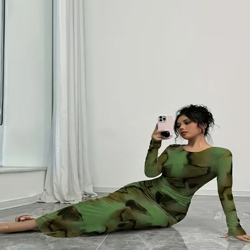 Women's Bodycon Maxi Dress Fall Spring Fashion Long Sleeve Floral Print Tight Fitted Party Club Dresses
