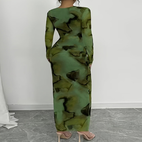 Women's Bodycon Maxi Dress Fall Spring Fashion Long Sleeve Floral Print Tight Fitted Party Club Dresses