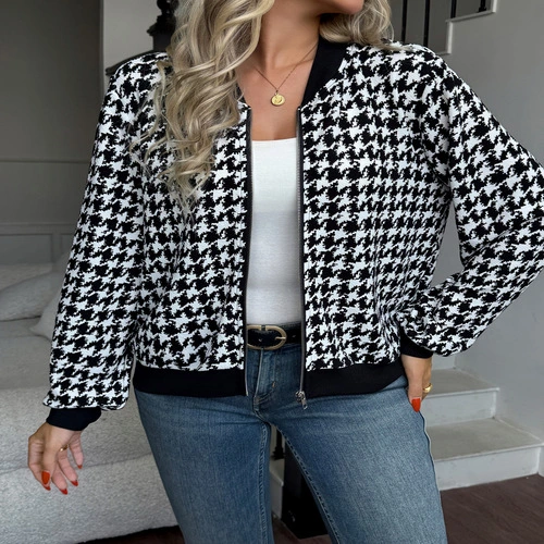 Women's Zip Front Plaid Print Long Sleeve Stand Collar Casual Jacket