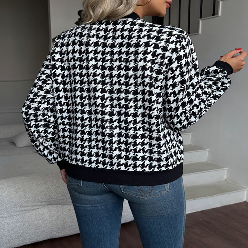 Women's Zip Front Plaid Print Long Sleeve Stand Collar Casual Jacket
