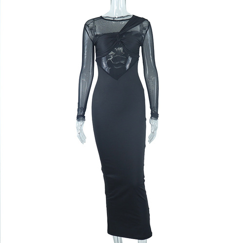 Women's Contrast Mesh Long Sleeve Bodycon Dress Round Neck Pencil Dress
