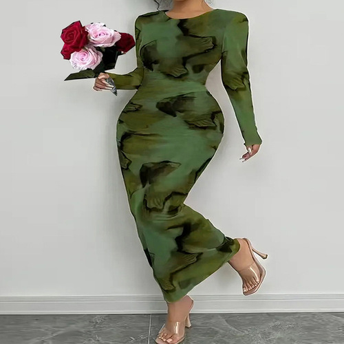 Women's Bodycon Maxi Dress Fall Spring Fashion Long Sleeve Floral Print Tight Fitted Party Club Dresses