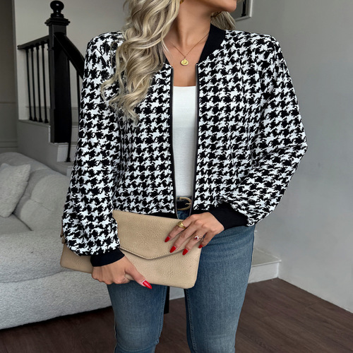 Women's Zip Front Plaid Print Long Sleeve Stand Collar Casual Jacket
