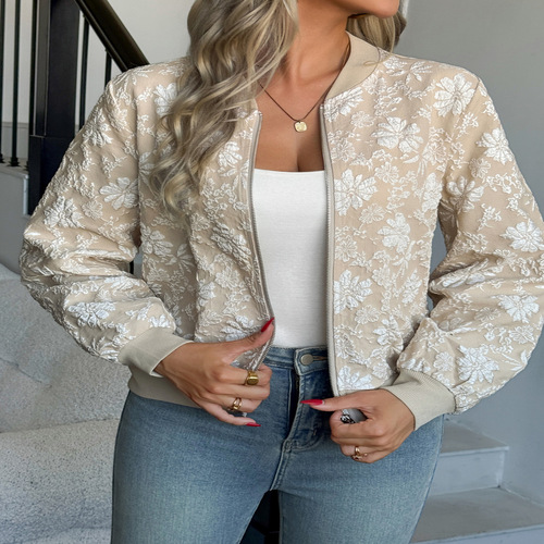 Women's Floral Jacquard Jacket Holiday Casual Fashion Long Sleeve Crewneck Spring Fall Bomber Jackets Lightweight