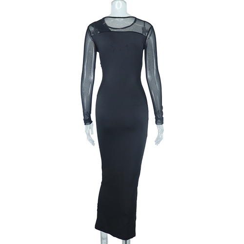 Women's Contrast Mesh Long Sleeve Bodycon Dress Round Neck Pencil Dress