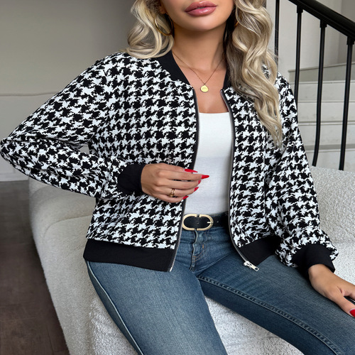 Women's Zip Front Plaid Print Long Sleeve Stand Collar Casual Jacket