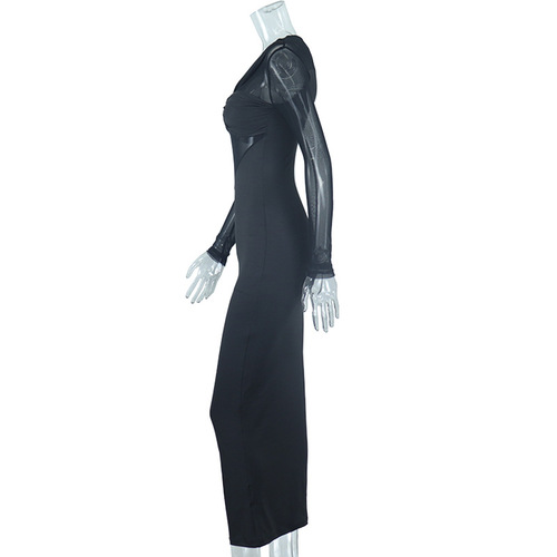 Women's Contrast Mesh Long Sleeve Bodycon Dress Round Neck Pencil Dress