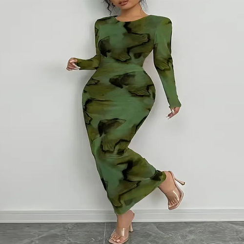 Women's Bodycon Maxi Dress Fall Spring Fashion Long Sleeve Floral Print Tight Fitted Party Club Dresses