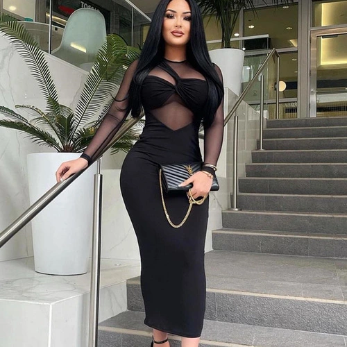 Women's Contrast Mesh Long Sleeve Bodycon Dress Round Neck Pencil Dress