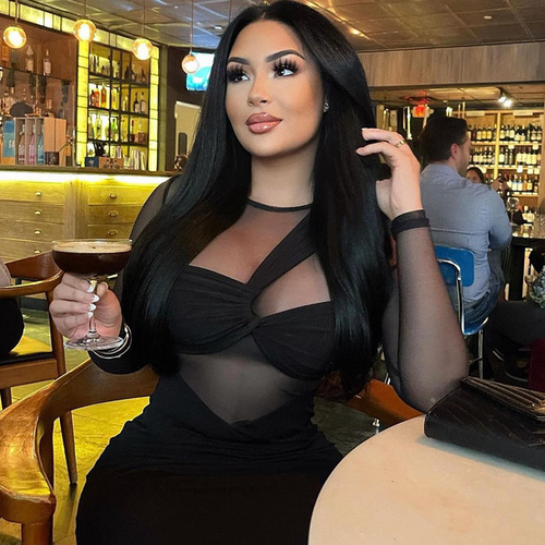 Women's Contrast Mesh Long Sleeve Bodycon Dress Round Neck Pencil Dress