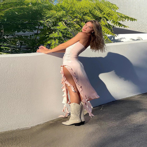 Women Summer Elegant Strapless Tube Midi Bodycon Dresses Irregular Ruffle Tassel Party Dress