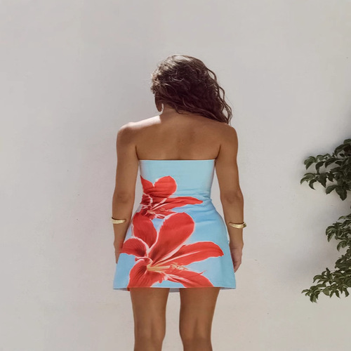 Women's 2026 Floral Tube Mini Dress Strapless Backless Party Club Short Ruched Bodycon Dresses