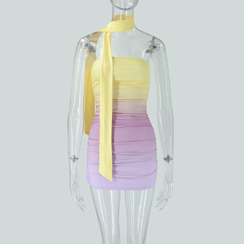 Women's 2026 Ombre Tube Mini Dress Strapless Backless Party Club Short Ruched Bodycon Dresses