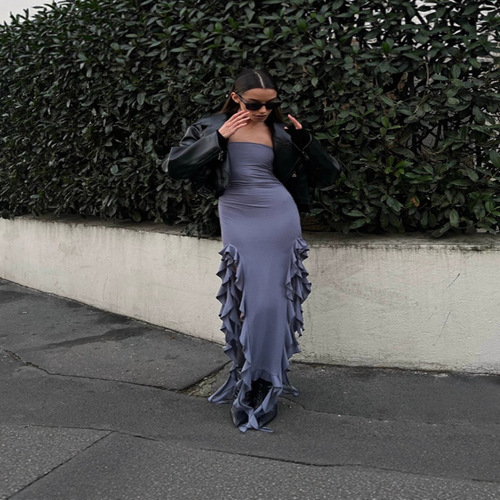 Women Summer Elegant Strapless Tube Midi Bodycon Dresses Irregular Ruffle Tassel Party Dress