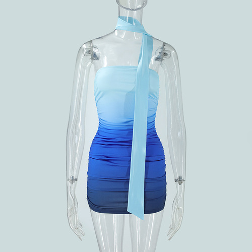 Women's 2026 Ombre Tube Mini Dress Strapless Backless Party Club Short Ruched Bodycon Dresses