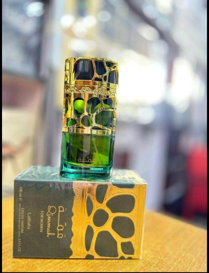 Lattafa Qimmah for Women: Sweet oriental gourmand with fruits, florals, vanilla, musk, and amber. Warm, feminine, long-lasting. Perfect for evenings. 100ml green bottle with ornate gold cap.