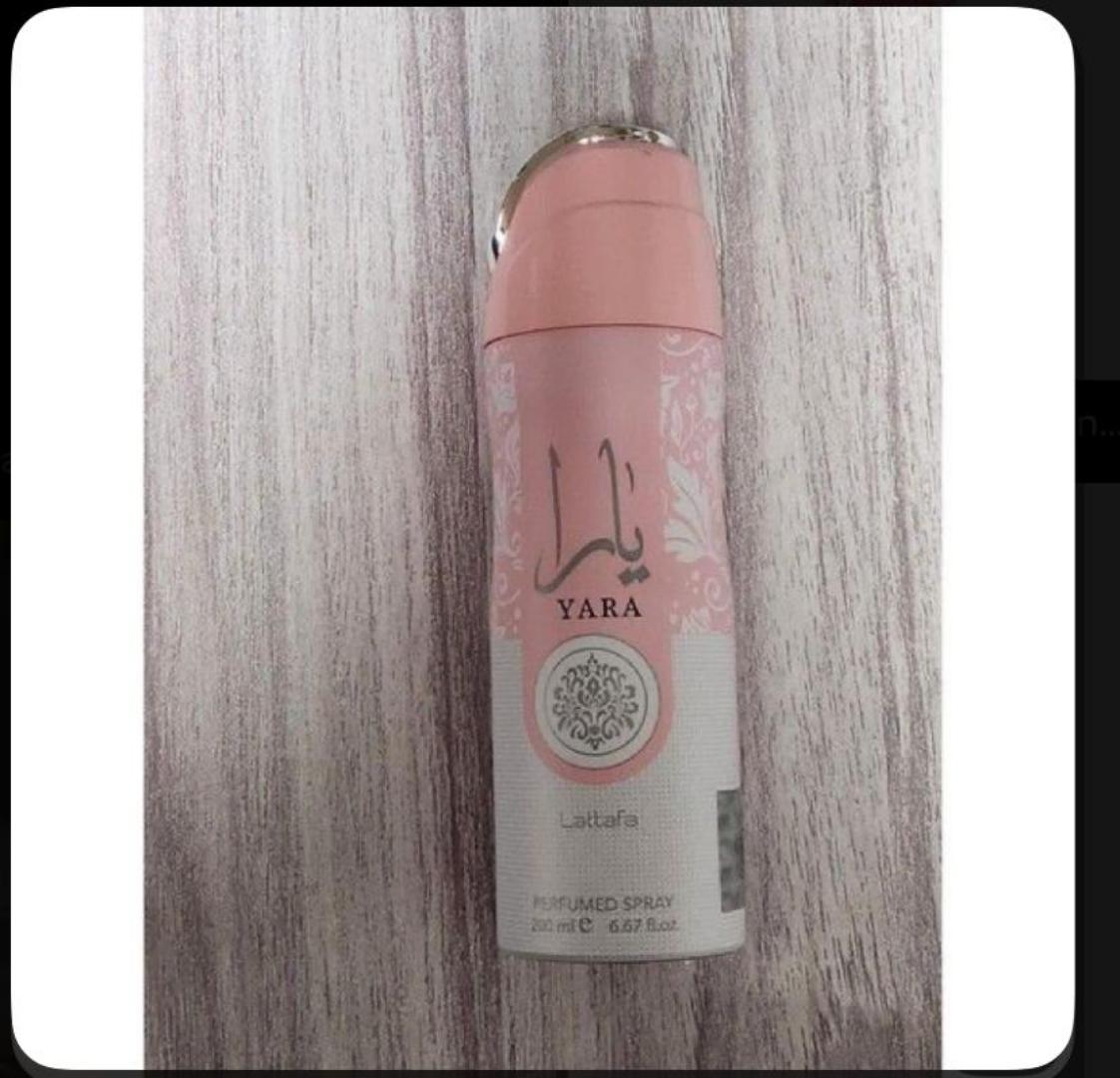 Lattafa Yara 200ml: Two-tone pink and off-white can with silver Arabic calligraphy, "YARA" and floral medallion. Sweet gourmand scent of mango, coconut, jasmine, vanilla, musk. Light, creamy, perfect