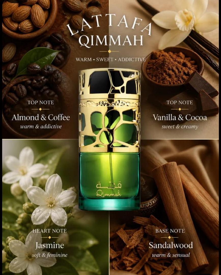 Lattafa Qimmah for Women: Sweet oriental gourmand with fruits, florals, vanilla, musk, and amber. Warm, feminine, long-lasting. Perfect for evenings. 100ml green bottle with ornate gold cap.