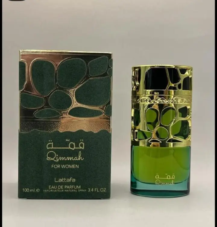 Lattafa Qimmah for Women: Sweet oriental gourmand with fruits, florals, vanilla, musk, and amber. Warm, feminine, long-lasting. Perfect for evenings. 100ml green bottle with ornate gold cap.