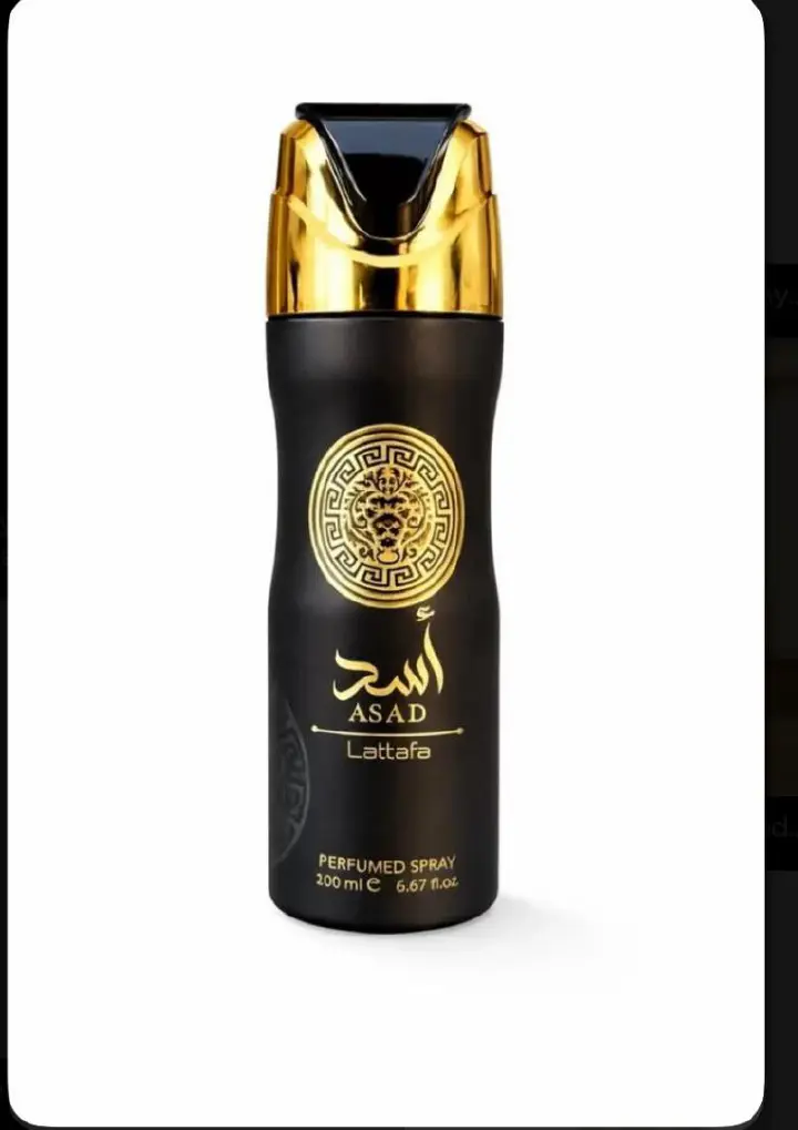 Lattafa Asad 200ml: Matte black can with gold lion medallion, gold cap. Warm spicy-sweet scent of black pepper, pineapple, tobacco, coffee, patchouli, amber, vanilla. Bold, long-lasting, strong projec